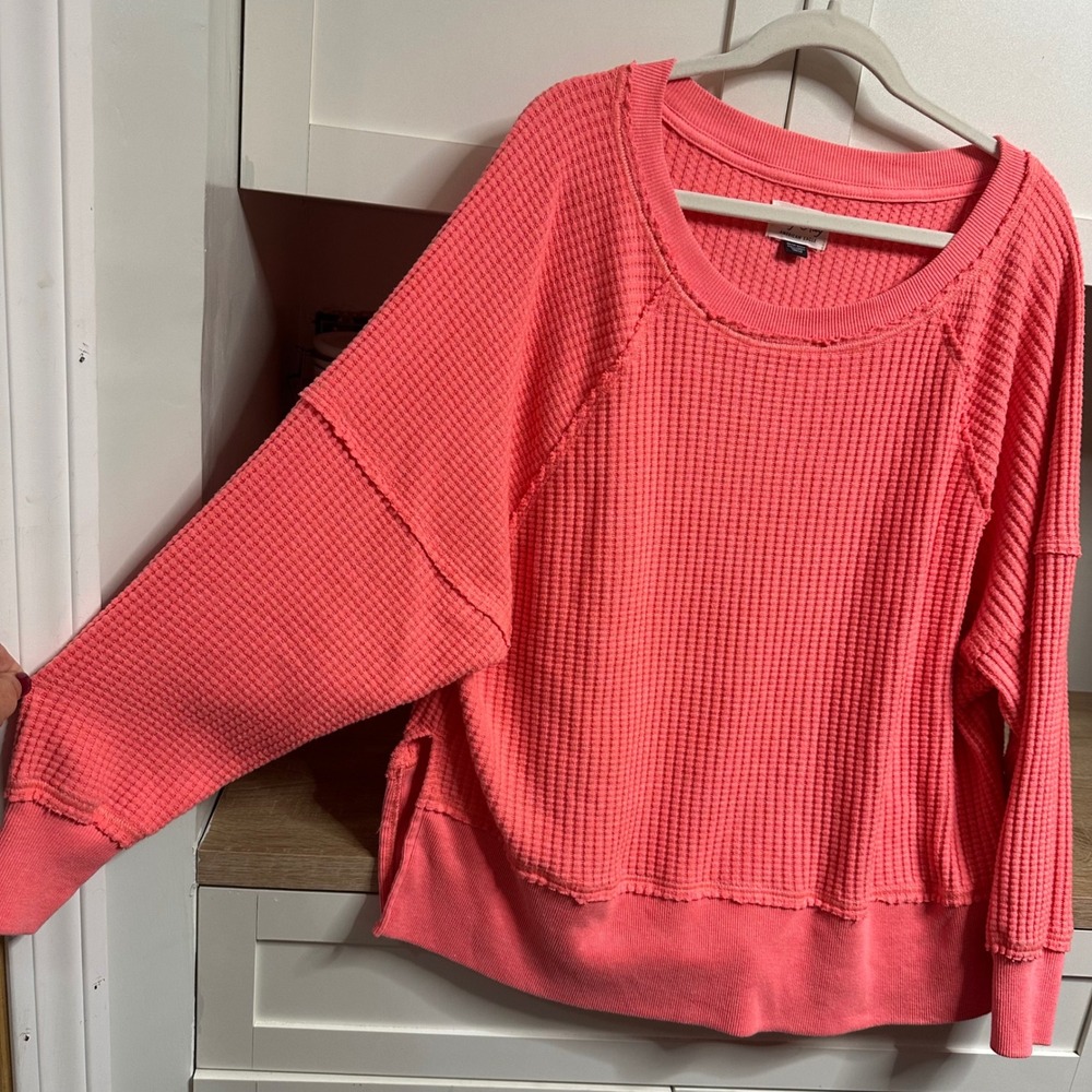 American Eagle Big Hug Waffle Knit Top Women XS Neon Pink Thermal Oversized Cozy